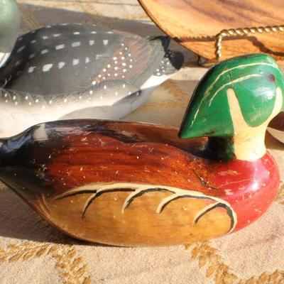 Lot #134: Group of (3) Vintage Wood and Porcelain Decorative Duck Decoys + Wood Plate