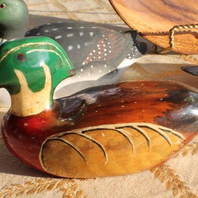 Lot #134: Group of (3) Vintage Wood and Porcelain Decorative Duck Decoys + Wood Plate