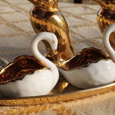 Lot #137: Vintage LIMOGESâ„¢ Swan Pair, Brass Duck Platter and Gold Plated Mid Century Modern Salt and Pepper Bird Shakers
