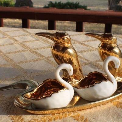 Lot #137: Vintage LIMOGESâ„¢ Swan Pair, Brass Duck Platter and Gold Plated Mid Century Modern Salt and Pepper Bird Shakers