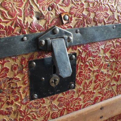 Lot #139: Vintage Large Treasure Trunk w/ Original Hardware and Key for Lock 