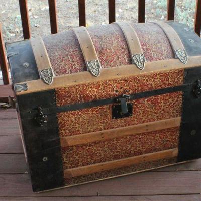 Lot #139: Vintage Large Treasure Trunk w/ Original Hardware and Key for Lock 