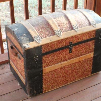 Lot #139: Vintage Large Treasure Trunk w/ Original Hardware and Key for Lock 