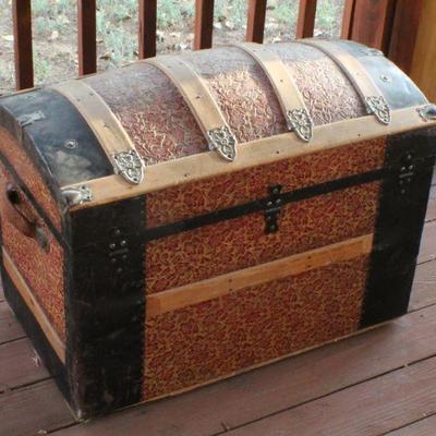 Lot #139: Vintage Large Treasure Trunk w/ Original Hardware and Key for Lock 