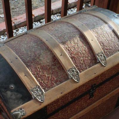 Lot #139: Vintage Large Treasure Trunk w/ Original Hardware and Key for Lock 