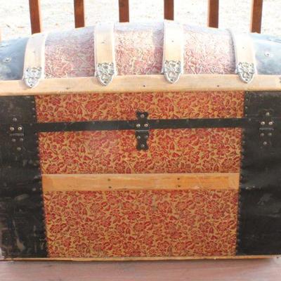 Lot #139: Vintage Large Treasure Trunk w/ Original Hardware and Key for Lock 