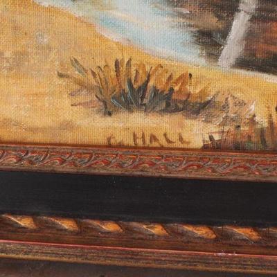 Lot #150: Vintage Original Oil Painting SIGNED C. Hall Landscape Scene 13.5" x 11.5" 