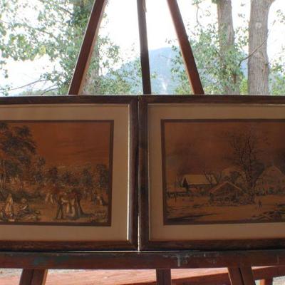 Lot #158: Pair of Vintage Gold Reflective Farm Scenes Art Prints (Each is 11" x 9")