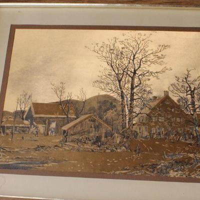 Lot #158: Pair of Vintage Gold Reflective Farm Scenes Art Prints (Each is 11" x 9")
