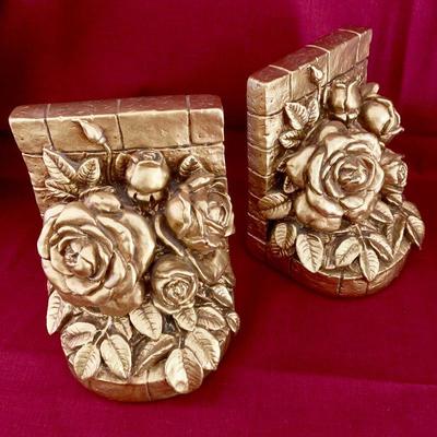 #168   VINTAGE GOLD PAINTED PLASTER ROSE BOOK ENDS