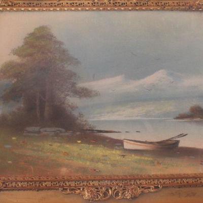 Lot #163: Vintage Original Framed Art Landscape of Water's Edge 15.5" x 12.5" 