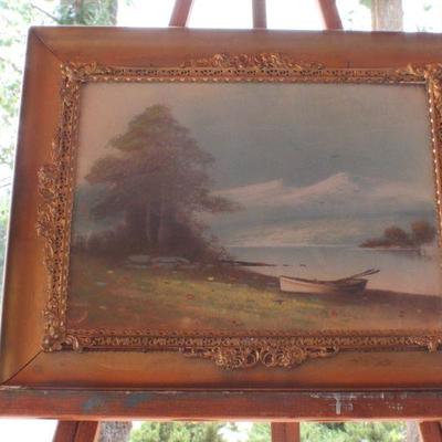 Lot #163: Vintage Original Framed Art Landscape of Water's Edge 15.5" x 12.5" 