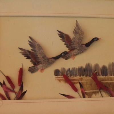 Lot #164: Vintage Framed Feather Sculpture Fine Art Geese and Cattails 