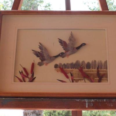 Lot #164: Vintage Framed Feather Sculpture Fine Art Geese and Cattails 
