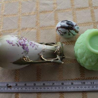 Lot #169: (3) Vintage Home Deco Creations (Green Glass Bowl, Vase and Hand Painted Egg)