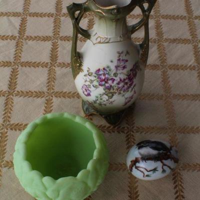 Lot #169: (3) Vintage Home Deco Creations (Green Glass Bowl, Vase and Hand Painted Egg)