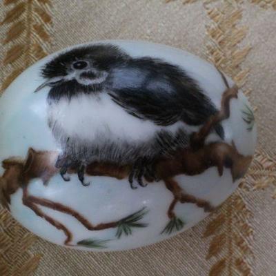 Lot #169: (3) Vintage Home Deco Creations (Green Glass Bowl, Vase and Hand Painted Egg)