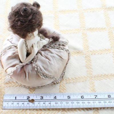Lot #173: Antique Sewing Needle Pin Cushion Woman w/ Big Hair and Handmade Dress