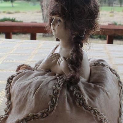 Lot #173: Antique Sewing Needle Pin Cushion Woman w/ Big Hair and Handmade Dress