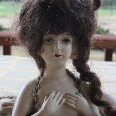 Lot #173: Antique Sewing Needle Pin Cushion Woman w/ Big Hair and Handmade Dress