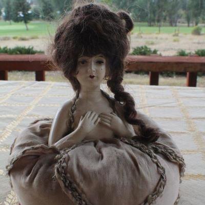 Lot #173: Antique Sewing Needle Pin Cushion Woman w/ Big Hair and Handmade Dress