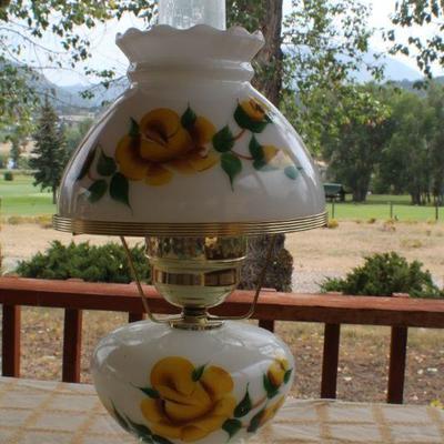 Lot #176: Vintage Tall Glass Shade Table Lamp Yellow Flower Theme