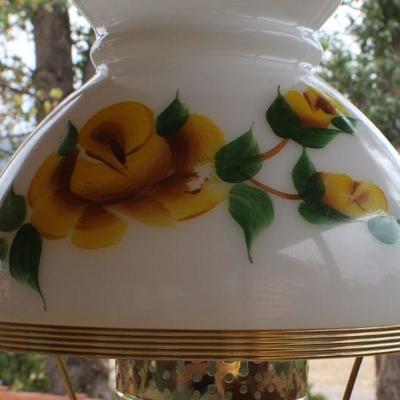 Lot #176: Vintage Tall Glass Shade Table Lamp Yellow Flower Theme