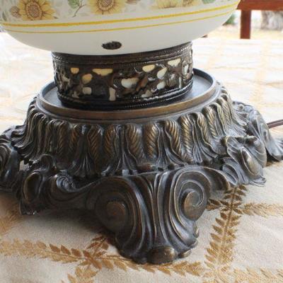 Lot #177: Vintage Tall Glass Shade Lamp Sunflower Theme (top shade has crack)