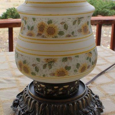 Lot #177: Vintage Tall Glass Shade Lamp Sunflower Theme (top shade has crack)