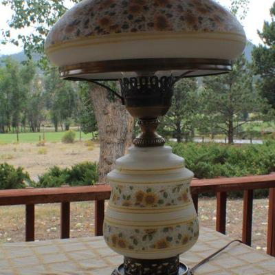 Lot #177: Vintage Tall Glass Shade Lamp Sunflower Theme (top shade has crack)