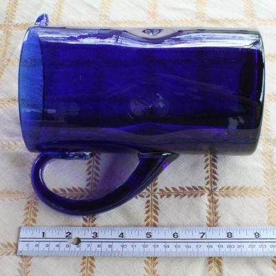 Lot #185: Vintage Mid Century Modern Blue Glass Pitcher w/ Dimple Side Accent