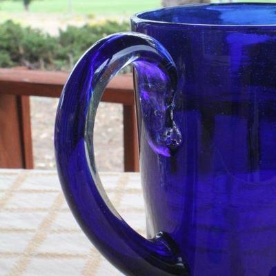 Lot #185: Vintage Mid Century Modern Blue Glass Pitcher w/ Dimple Side Accent