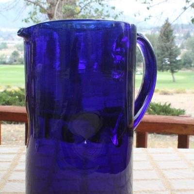 Lot #185: Vintage Mid Century Modern Blue Glass Pitcher w/ Dimple Side Accent
