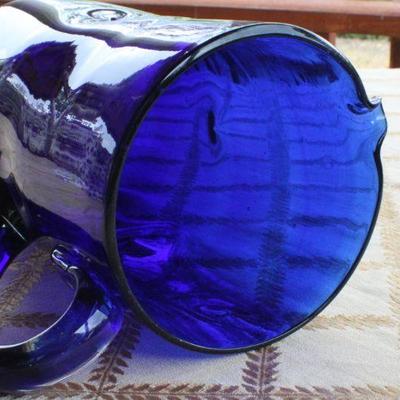 Lot #185: Vintage Mid Century Modern Blue Glass Pitcher w/ Dimple Side Accent