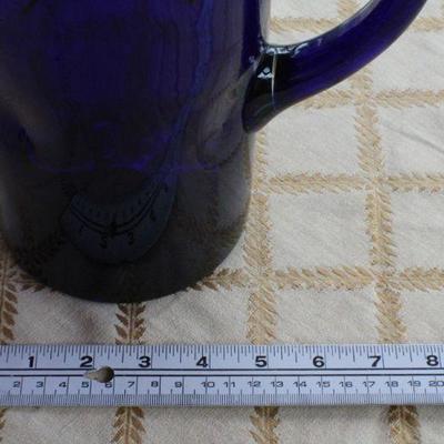 Lot #185: Vintage Mid Century Modern Blue Glass Pitcher w/ Dimple Side Accent