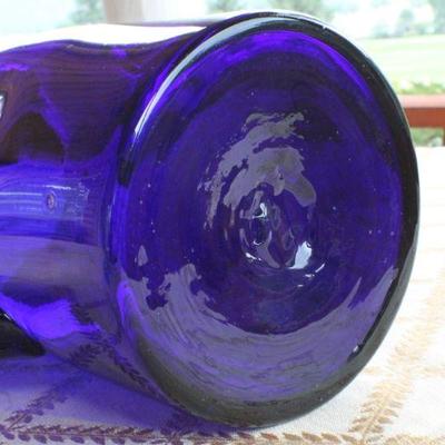 Lot #185: Vintage Mid Century Modern Blue Glass Pitcher w/ Dimple Side Accent