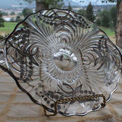 Lot #190: Antique/Vintage Sterling Silver Inlay (marked) Glass Serving Dish