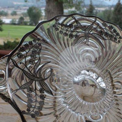 Lot #190: Antique/Vintage Sterling Silver Inlay (marked) Glass Serving Dish