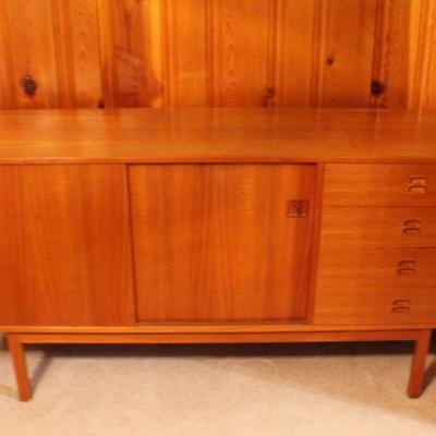 Lot #233: Vintage Mid Century Modern MADE IN DENMARK Sliding Door 4 Drawer Buffet 59" x 16" x 30.5" 