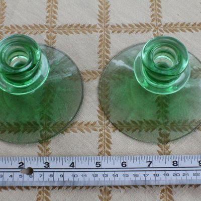Lot #234: (3) Vintage Assorted Fancy Etching Glass Creations (2 Green Candle Holders and One Amber Small Dish)