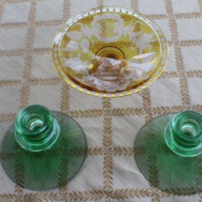 Lot #234: (3) Vintage Assorted Fancy Etching Glass Creations (2 Green Candle Holders and One Amber Small Dish)