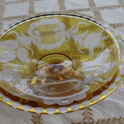 Lot #234: (3) Vintage Assorted Fancy Etching Glass Creations (2 Green Candle Holders and One Amber Small Dish)