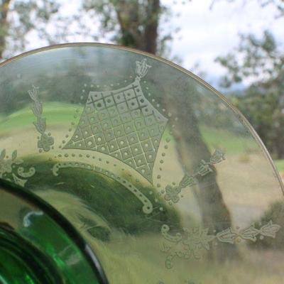 Lot #234: (3) Vintage Assorted Fancy Etching Glass Creations (2 Green Candle Holders and One Amber Small Dish)