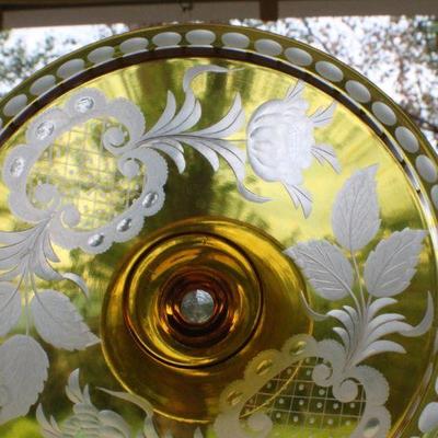 Lot #234: (3) Vintage Assorted Fancy Etching Glass Creations (2 Green Candle Holders and One Amber Small Dish)