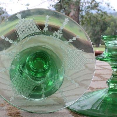 Lot #234: (3) Vintage Assorted Fancy Etching Glass Creations (2 Green Candle Holders and One Amber Small Dish)