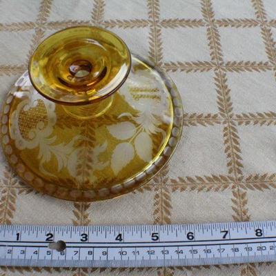 Lot #234: (3) Vintage Assorted Fancy Etching Glass Creations (2 Green Candle Holders and One Amber Small Dish)