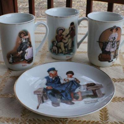 Lot #235: Vintage Group 1980's NORMAN ROCKWELL Design Coffee Cups w/ Large Plate