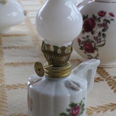Lot #239: Group of Vintage Small Oil Glass Shade Decorative Lamps #1