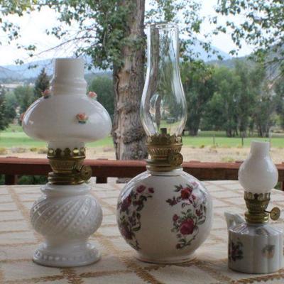 Lot #239: Group of Vintage Small Oil Glass Shade Decorative Lamps #1