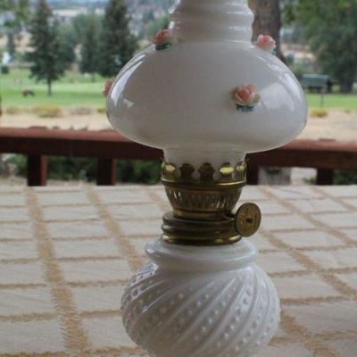 Lot #239: Group of Vintage Small Oil Glass Shade Decorative Lamps #1